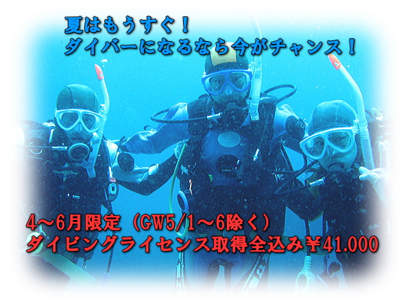 夏はもうすぐ！ダイバーになるなら今がチャンス！4～6月限定（GW5/1～6除く）ダイビングライセンス取得全込み￥41.000