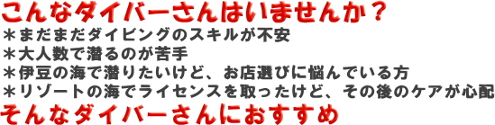 こんなダイバーさんはいませんか？*まだまだダイビングスキルが不安*大人数で潜るのが苦手*伊豆の海で潜りたいけど、お店選びに悩んでいる方*リゾートの海でライセンスを取ったけど、その後のケアが心配　そんなダイバーさんにおすすめ