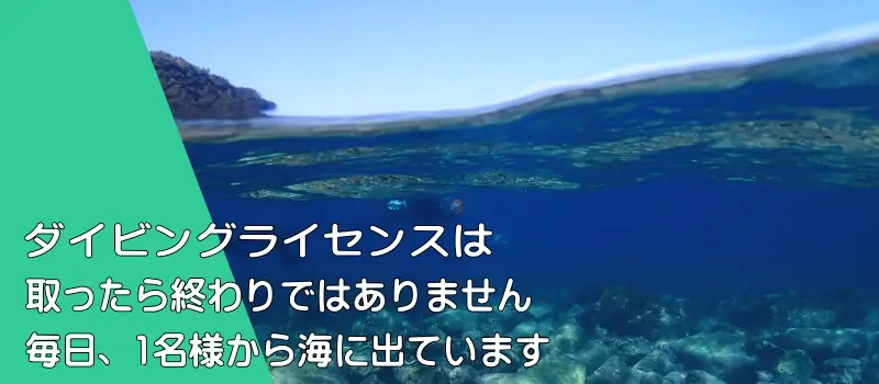 ダイビングライセンスは取ったら終わりではありません。毎日、1名様から海に出ています。